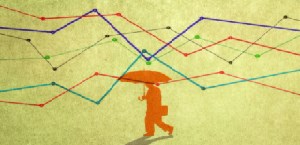 Illustration of multiple coloured lines above a person with an umbrella